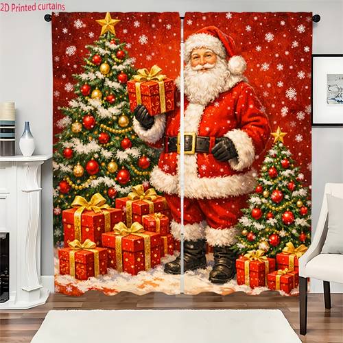 item picture 2pcs panel 2pcs light filtering privacy window curtains suitable for living room kitchen bedroom rod pocket with santa claus christmas tree print operation fabric for home decor no rods included