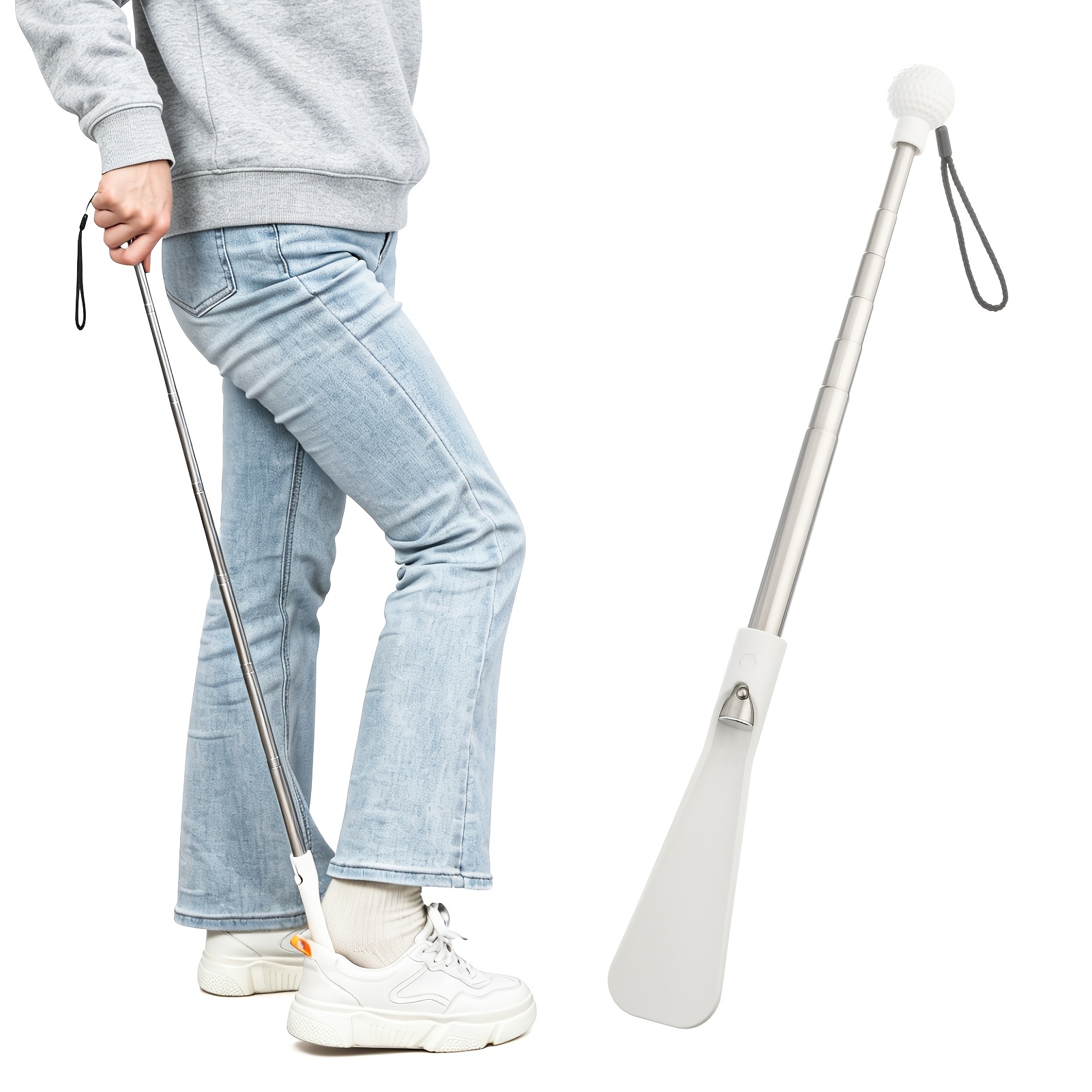 Image of Shoe Holder, Made Of Stainless Steel, With A Long Handle That Folded. The Shoe Holder With A Hanging Rope And Measures 16-31 Inches, To Store