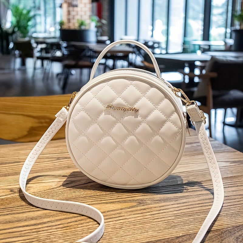 

Round Quilted Embroidery Crossbody Bag, Fashion Pure Color Pu Shoulder Handbag, Small Purse With Adjustable Strap
