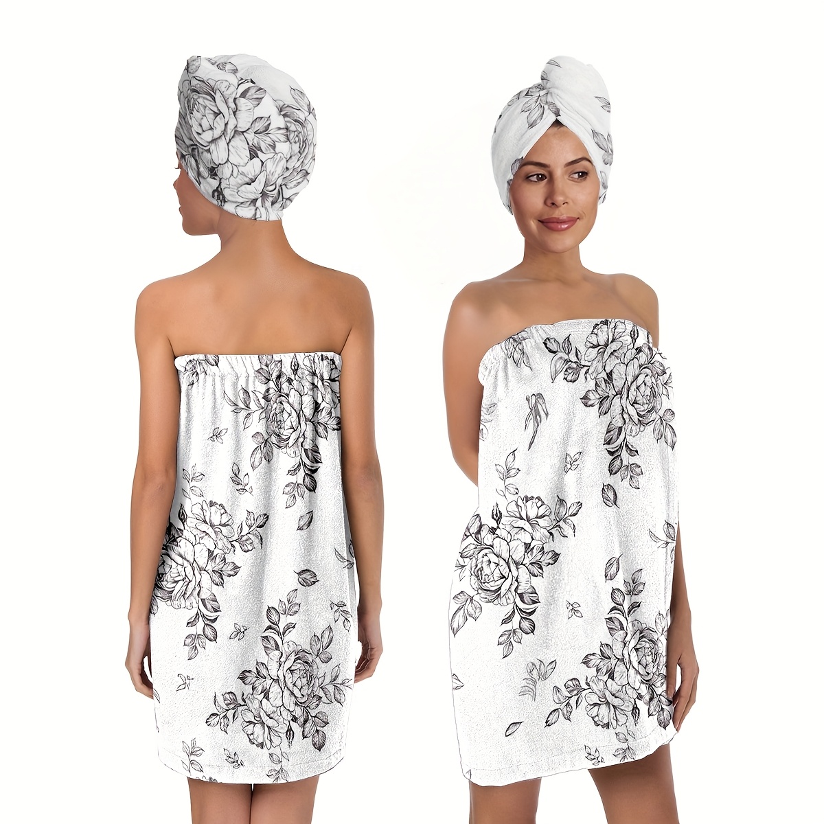 Image of Retro Pattern Hand-painted 2pcs Wearable Bath Towel, Absorbent Quick Drying Bathrobe, Long Bath Wrap Towel, Bathroom Supplies, Sauna Kilt Spa Wrap For Women, Bathroom Accessories