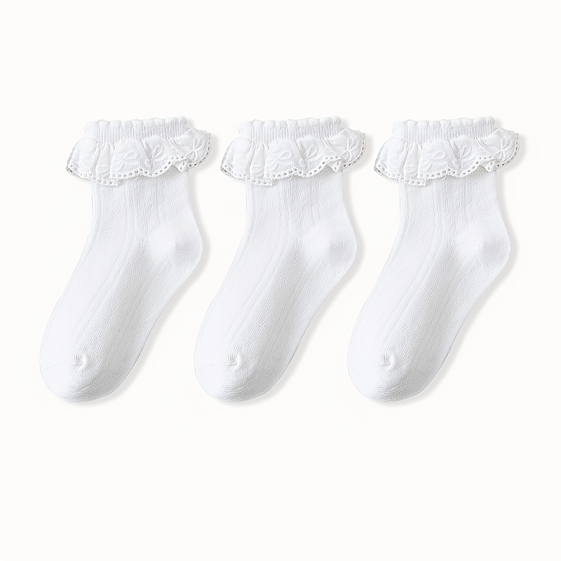 Image of 3 Pairs Of Girls' Latin Dance White Socks For Children, Spring/summer, Girls, Lace, Princess Socks, Sweet.,fall And Winter Clothes