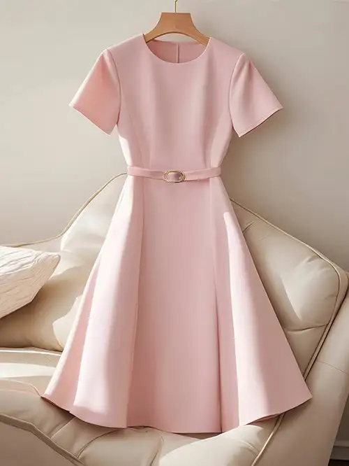 women's elegant light pink mini dress with belt - short sleeve, round neck, a-line silhouette, spring, summer, and fall commuting, parties, work, and casual , casual attire | belted waist dress | women's elegant light pink mini dress with belt - short sleeve, round neck, a-line silhouette, spring, summer, and fall commuting, parties, work, and casual , casual attire | belted waist dress |