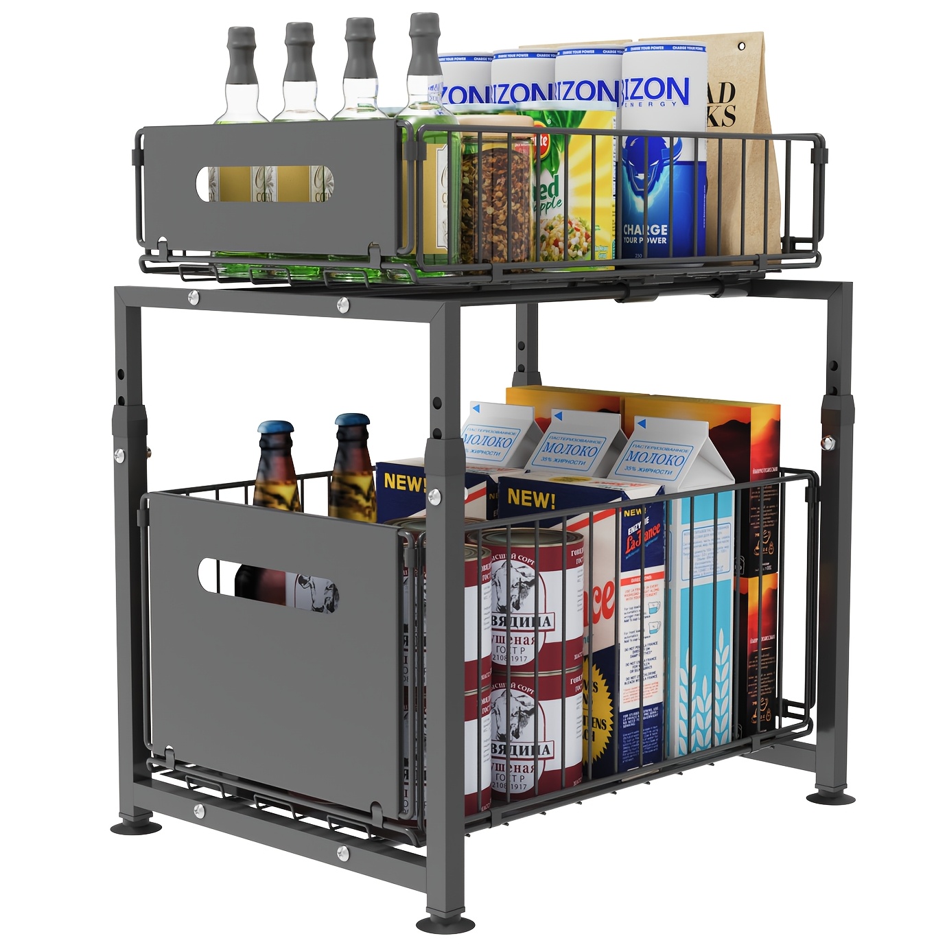 TEMU 2-tier Dual Pull-out Cabinet Rack Organizer, Adjustable Height Kitchen Pantry Storage Basket, Heavy Duty Slide Out Drawer For Sink Cabinets,