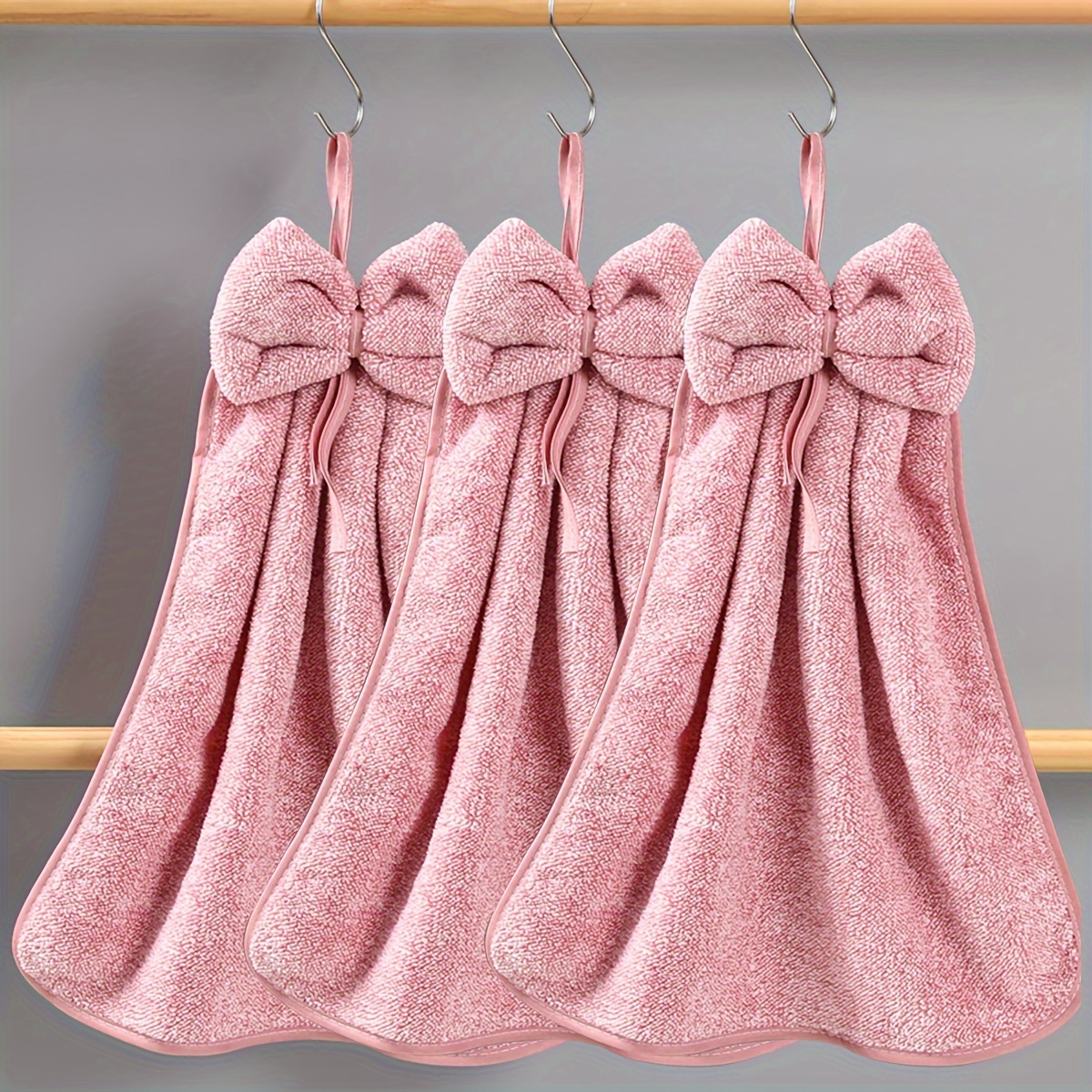 Image of Wk 's Breath Bow Hanging Towel Hand Towel/ 3pcs Set Bow Hanging Towel Coral Fleece Quick-dry Hand Towel With Hanging Loop, Absorbent Soft Towel, Kitchen Cleaning Cloth, Bathroom Supplies, Tea Towel