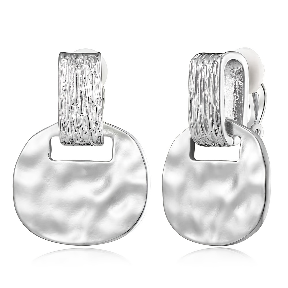 TEMU 1 Pair, Ladies' Square Water Ripple Ear Clips Women's Earrings, Fashionable Commuting Retro Style Non-pierced Clip-on Pendant Earrings