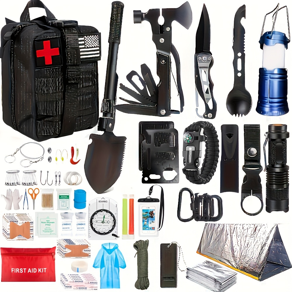 Emergency Survival Kit, 151 Pcs Survival Gear First Aid Kit, Outdoor Trauma  Bag With Tactical Flashlight Knife Pliers Pen Blanket Bracelets Compass Fo