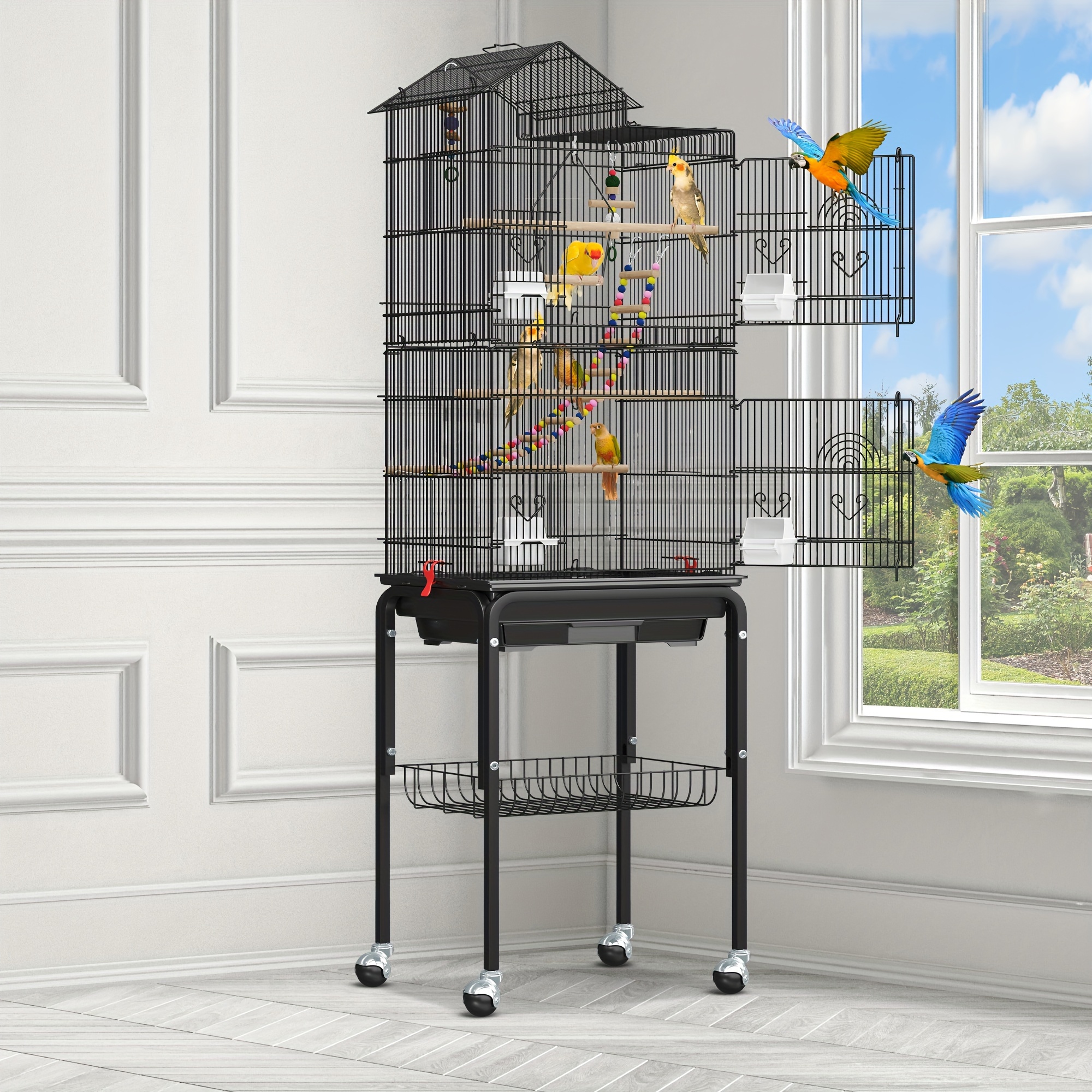 

Yarsca 62 Inch Metal Bird Cage, Large Parakeet Cages For Parrot, Cockatiel, Lovebird, With Roof Top, Rolling Stand And Hanging Toys