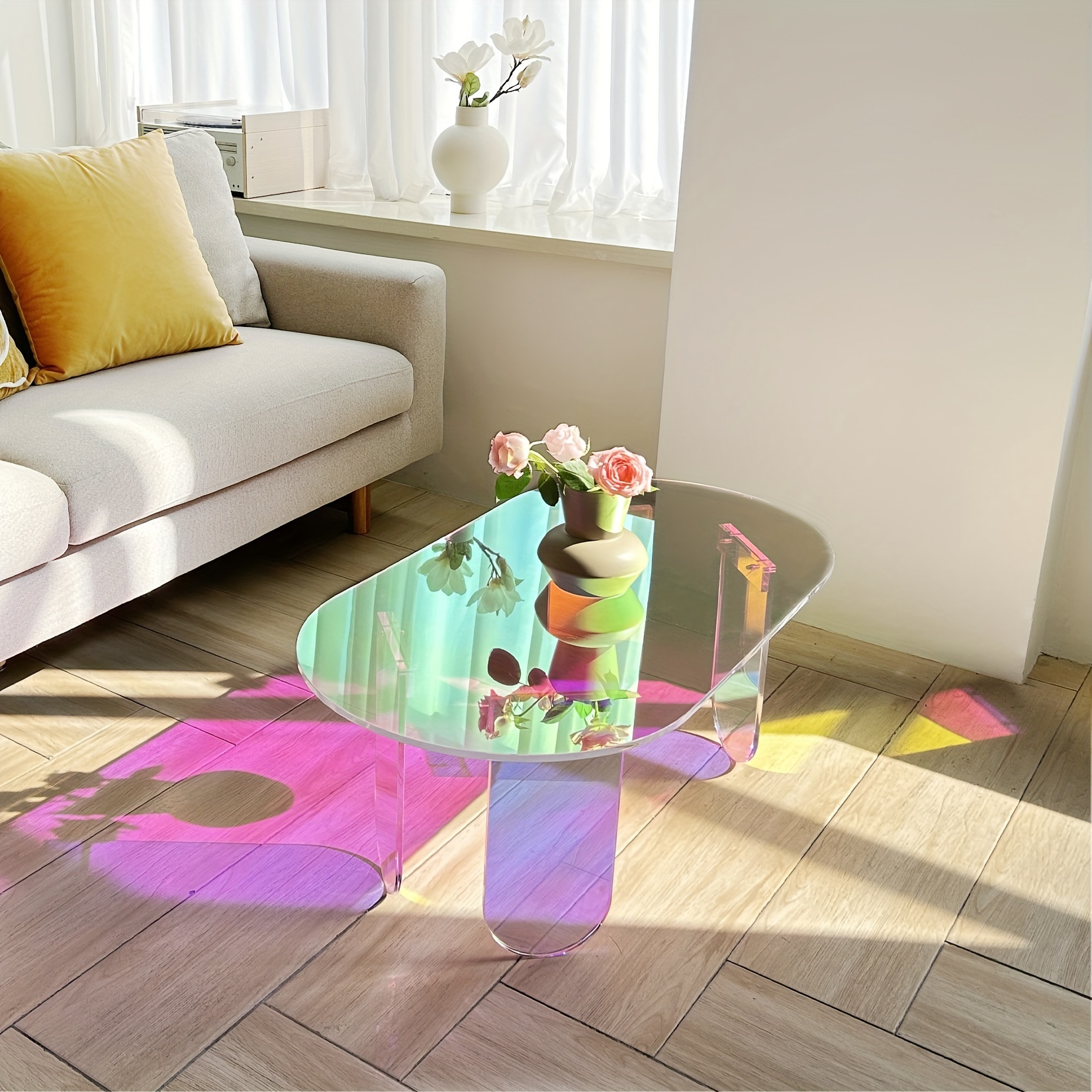 Modern Iridescent Acrylic Oval Coffee Table With Shifting - Space- Multifunctional Sofa/bedside Table, Clear Center Table Suitable For, Home Office, Cafe - Easy Assembly & Protective Film (no Wood)
