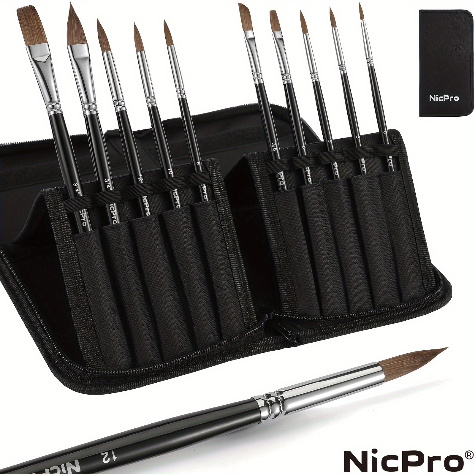 

Nicpro 10pcs Professional Watercolor Paint Brushes, Paint Brush Set With Flat, Round Pointed, Cat's Tongue Oval Wash Shapes For Watercolor Gouache Painting -with Nylon Bag