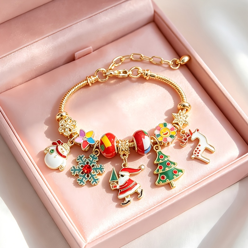 TEMU Golden Christmas Snake Bone Charm Bracelet, Adjustable Holiday Bracelet, Santa Claus, Christmas Tree, Reindeer, Snowman, Snowflake Pendant,