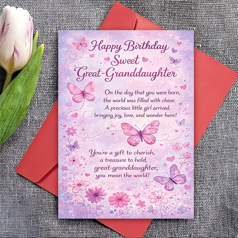 TEMU A Letter And A Greeting Card: -themed Birthday Card For Great-granddaughter, From Family, Light Pink-purple Heart And Flower Pattern, Sweet ,