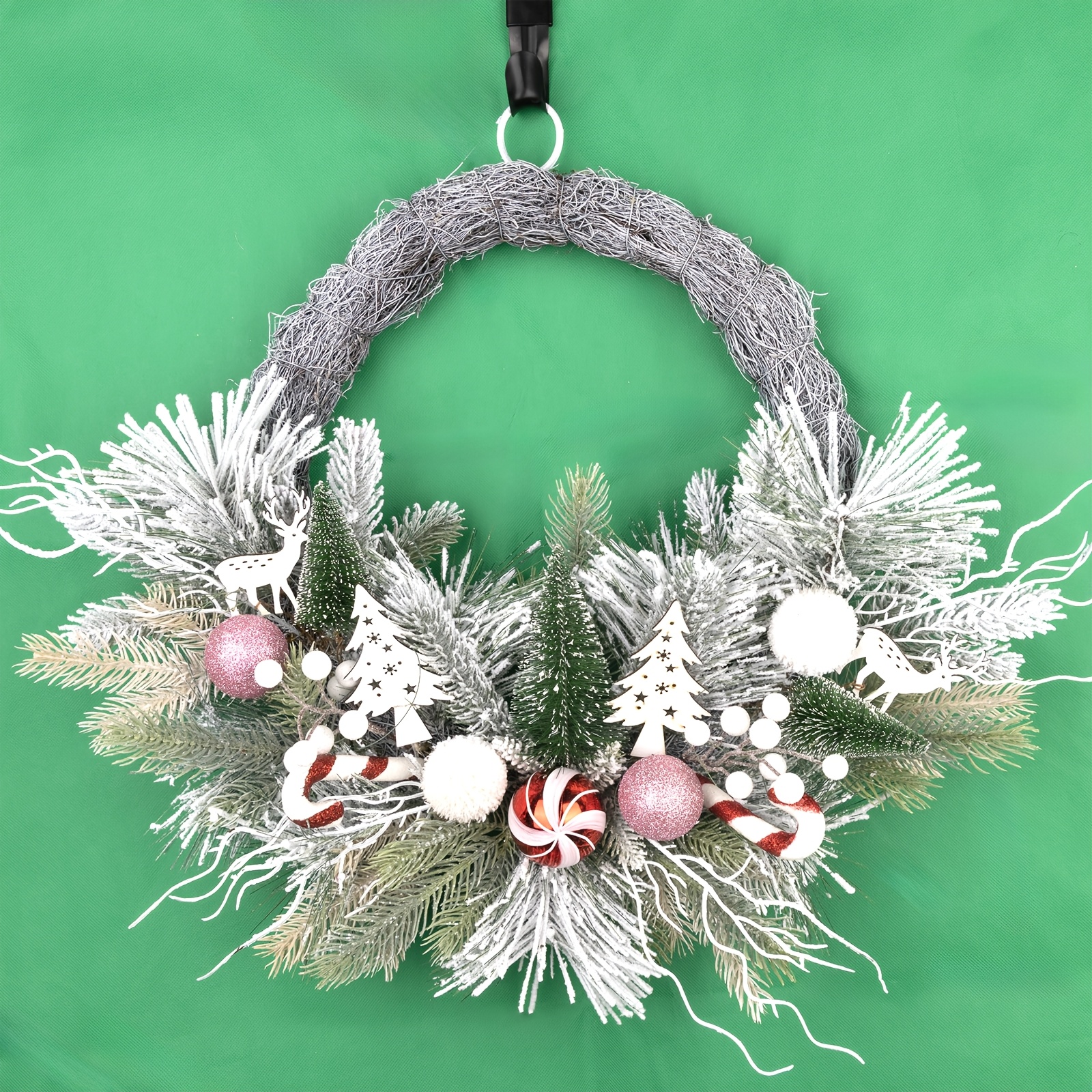 Image of 1pc, 22 Inch Artificial Christmas Flocked Wreaths For Front Door, Artificial Winter Wreath With Christmas Candy Cane Balls Berries For Christmas Holiday Wall Fireplace Porch Decorations