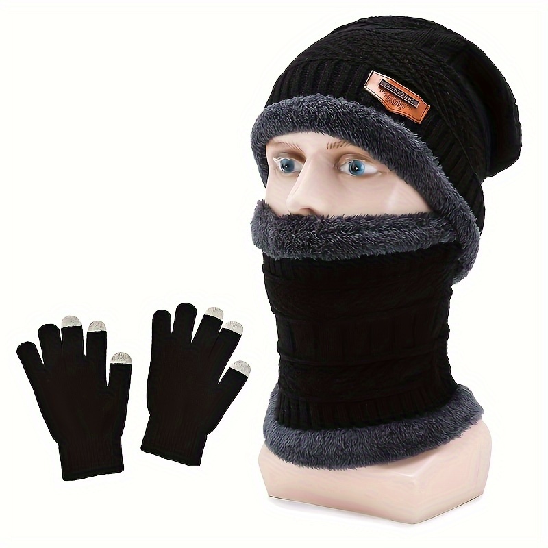 

3pcs Winter Set For : Fleece-lined Beanie With Knit , Cozy Neck Gaiter & Gloves - Stretchy Polyester, , Cold Weather Outdoor Activities, Winter Clothes