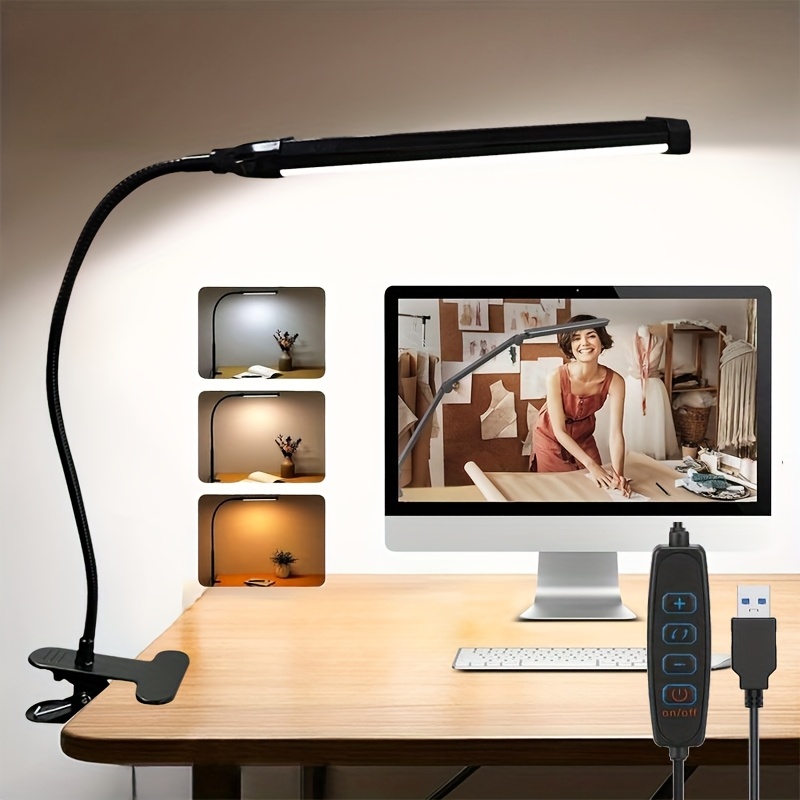 E-shop LED Schreibtischlampe mit Klemme, Augenfreundliche Clip-on-Lichter für Home Office, 3 10 Helligkeitsstufen, Langer flexibler Schwanenhals,