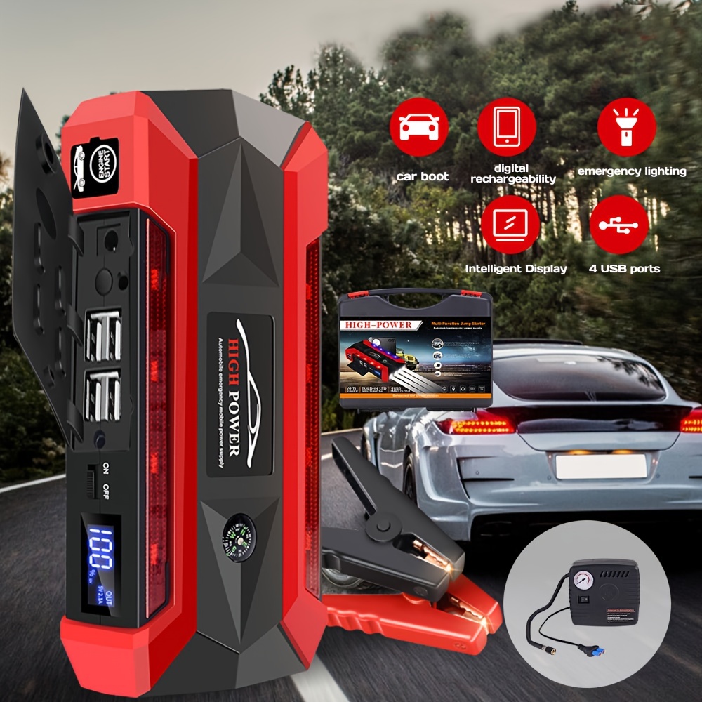 

High-performance 8000mah Jump With Air Compressor - 600a , 150psi, Digital Display & Emergency Lighting, Usb , For 4.0l Gas & Diesel Engines, Includes Car Charger & Tire Pump, Red, Kepeak