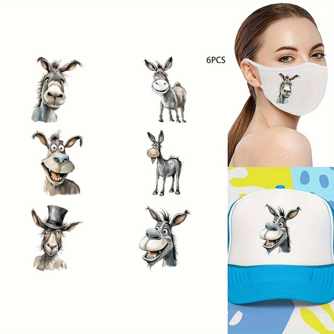 

3/6pcs Cute Funny Donkey Heat Transfer Sticker, Diy Iron-on Clothing Supplies & Appliques For Clothes, T-shirt Making, Pillow Decorating