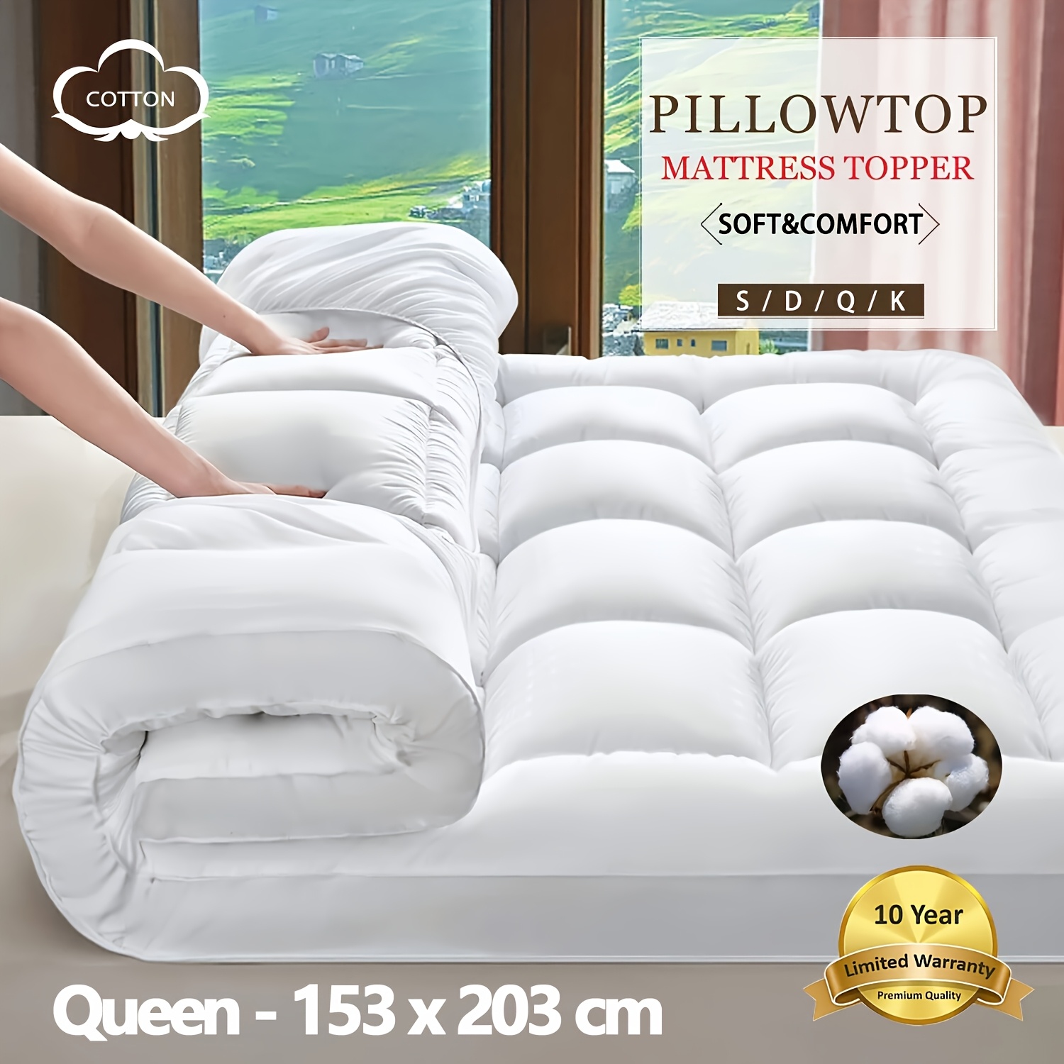 TEMU 1pc 1500gsm Soft Mattress Topper, Extra Thick Mattress Pad 20.32-53.34cm Deep Cotton Fill Mattress Protector Pillow Top Mattress Cover, Queen
