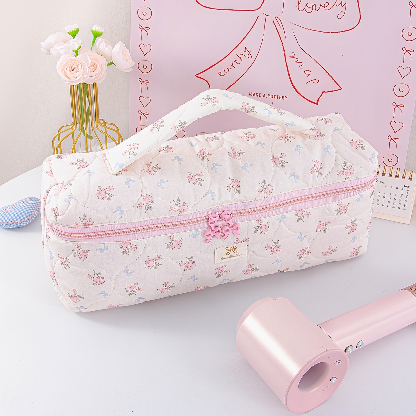 TEMU Bow Tie Double Zipper Toiletry Bag, Hair Dryer Storage Bag, Handheld Curling Iron, Straight Board Multifunctional Travel, Lightweight, Dustproof