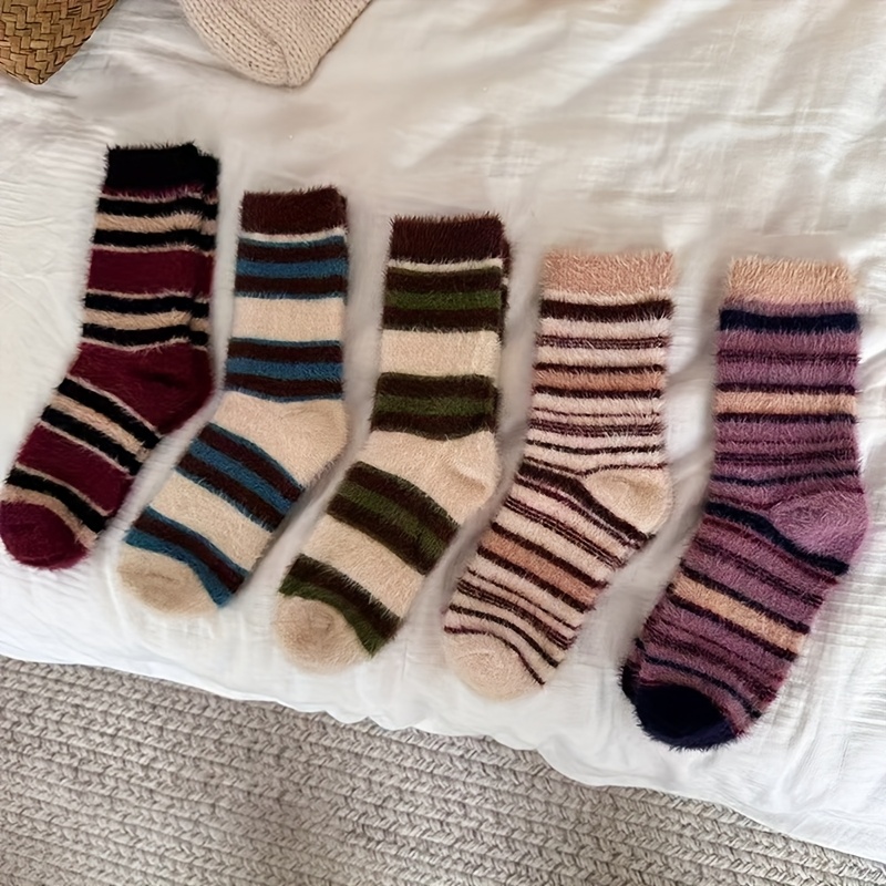 

5pcs Cozy Striped Fuzzy Socks For Women - Warm, Mid-calf Winter Socks With , Machine Washable