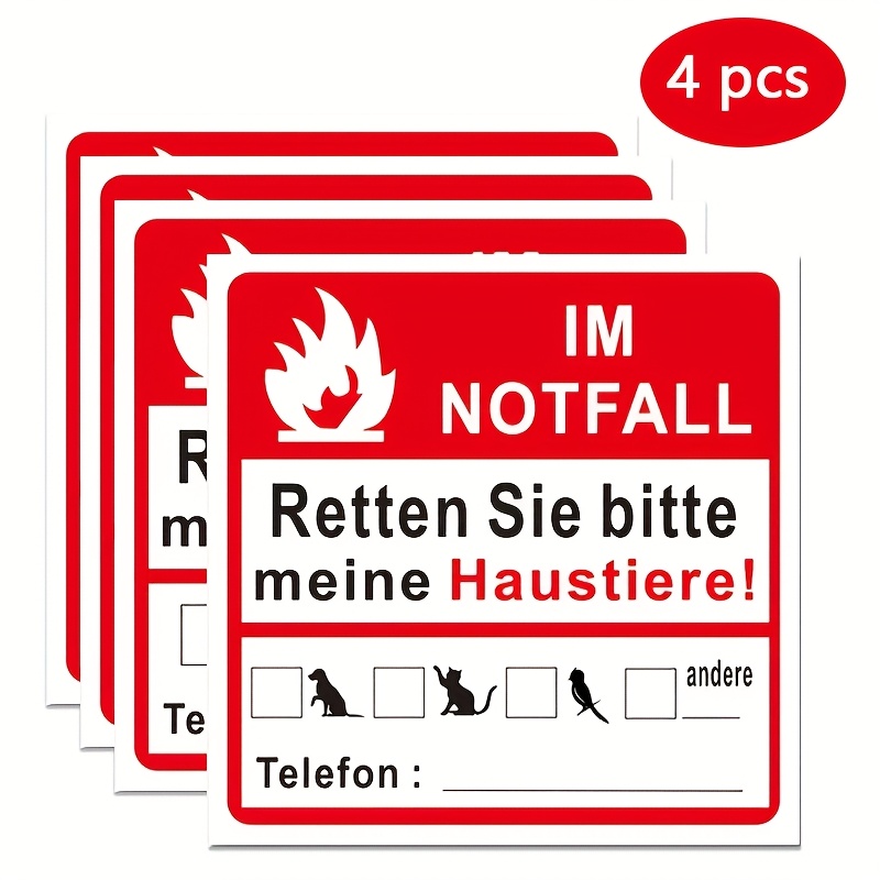 E-shop Vier deutsche Notfall-Haustier-Rettungs-Aufkleber, 10x10 cm, hergestellt aus UV-beständigem PVC-Material, mit dem deutschen Text "Bitte retten