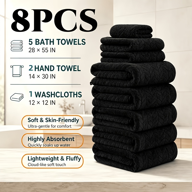 TEMU 8pcs Thick Bath Towel Set, Quick-drying Material, Outdoor Hiking & Travel Towel, Includes 5 Bath Towels, 1 Towel And 2 Hand Towels.suitable For