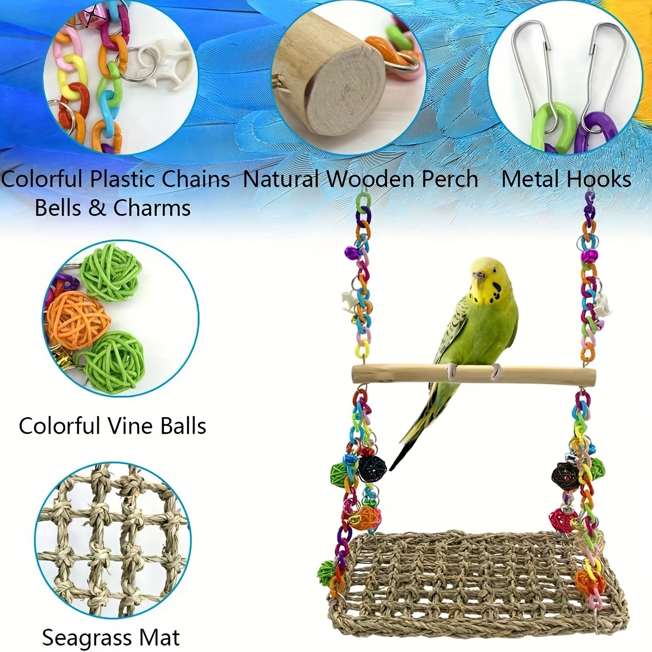 1 Parrot Acrylic Swing Stand, Rattan Ball Colorful Chain Double Layer Swing, Climbing Net Hammock, Educational Bird Supplies, Bird Cage Additions, Parrot Toys, (All Additions Are Randomly Assembled in Color)