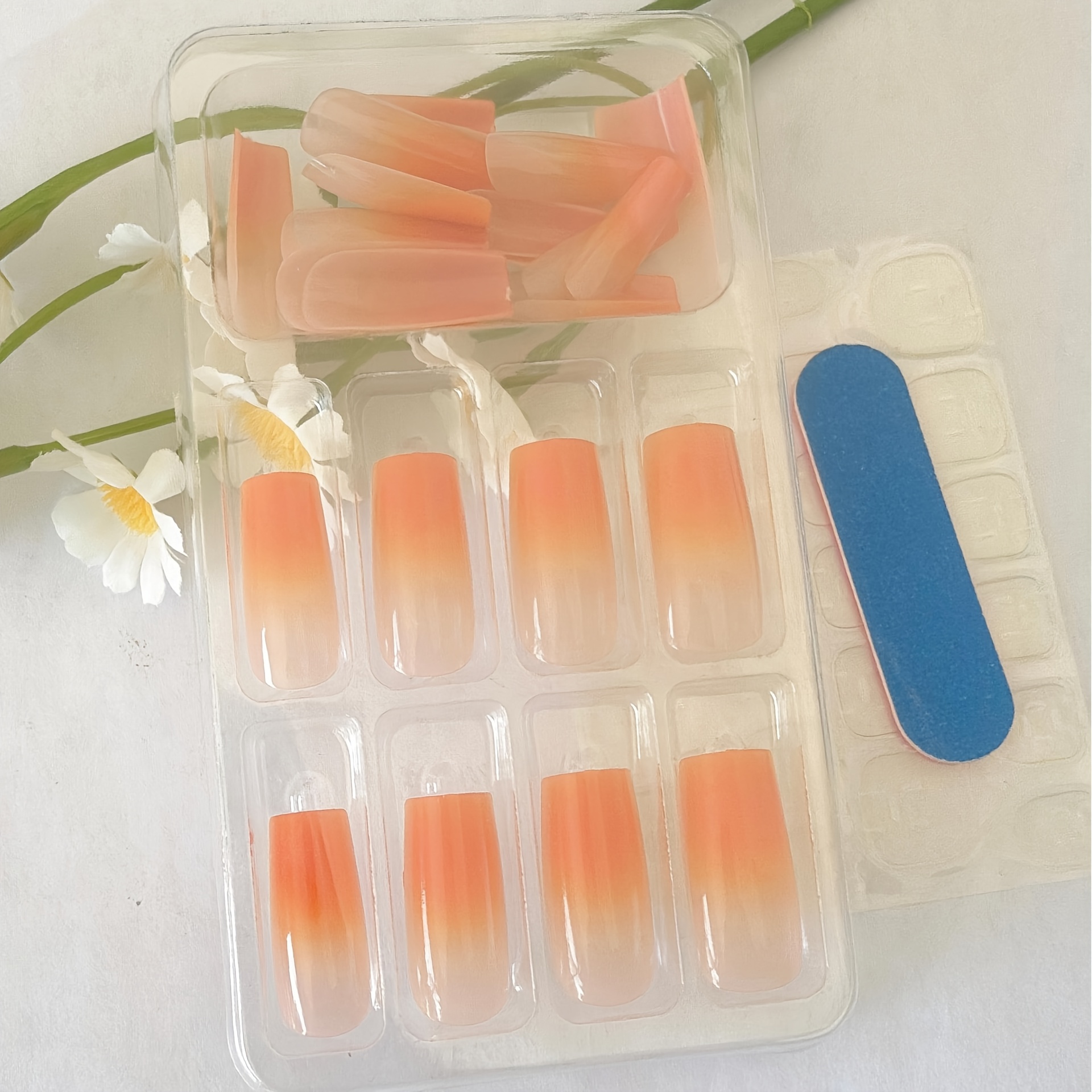 TEMU Press On Nails Medium Square Fake Nails Gradient Acrylic Full Cover False Nails For Women And 24pcs (orange)