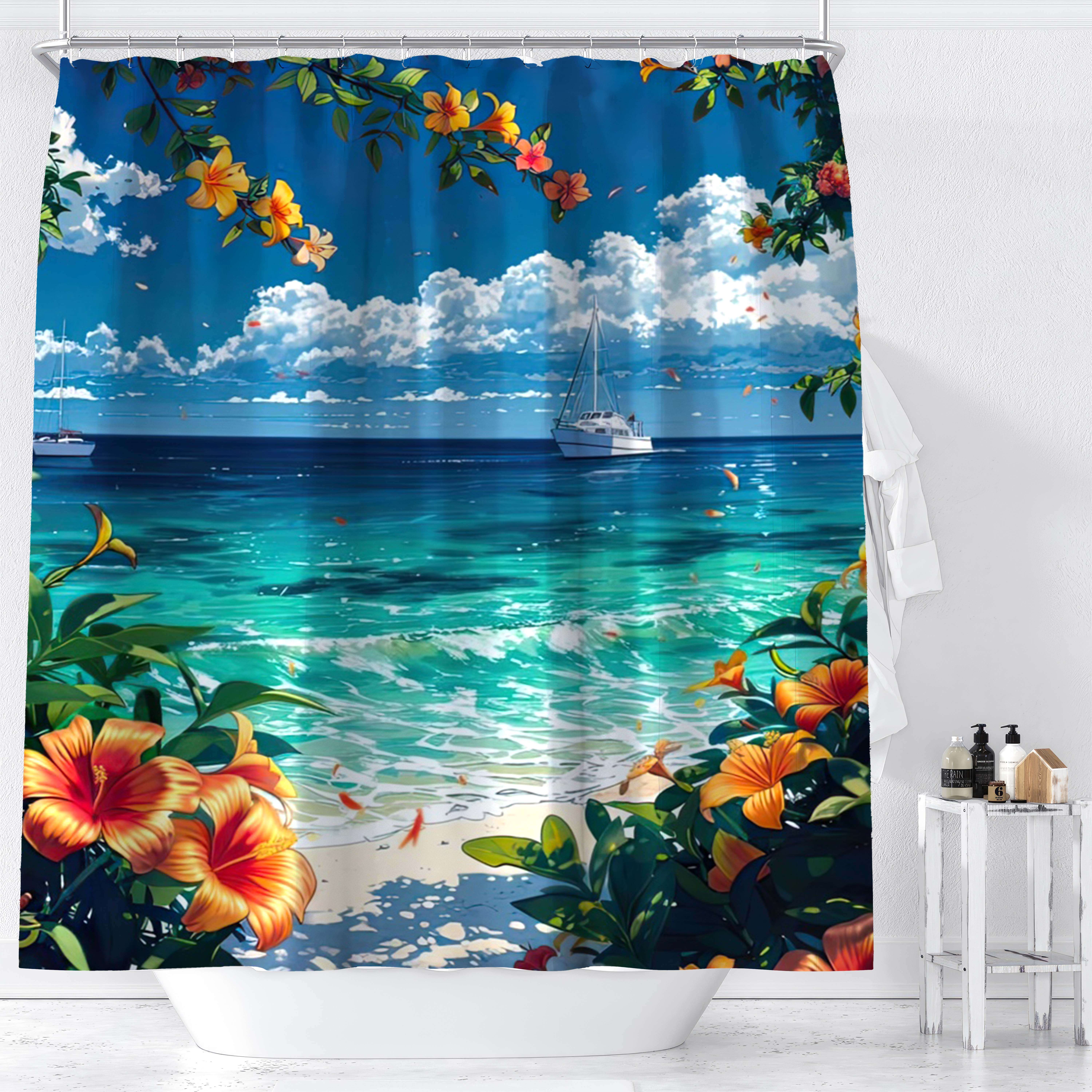 

1pc, Tropical Beach Floral Shower Curtain, Greenery Scenery Digital Print, Waterproof Bathroom Decor With Hooks