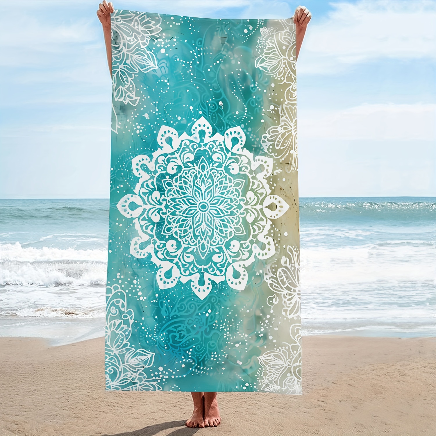 

1pc Mandala Teal Microfiber Beach Towel, Bohemian Oversized Bath Towel, Durable Quick-drying Sunscreen Easy To Clean Super-absorbent Towel