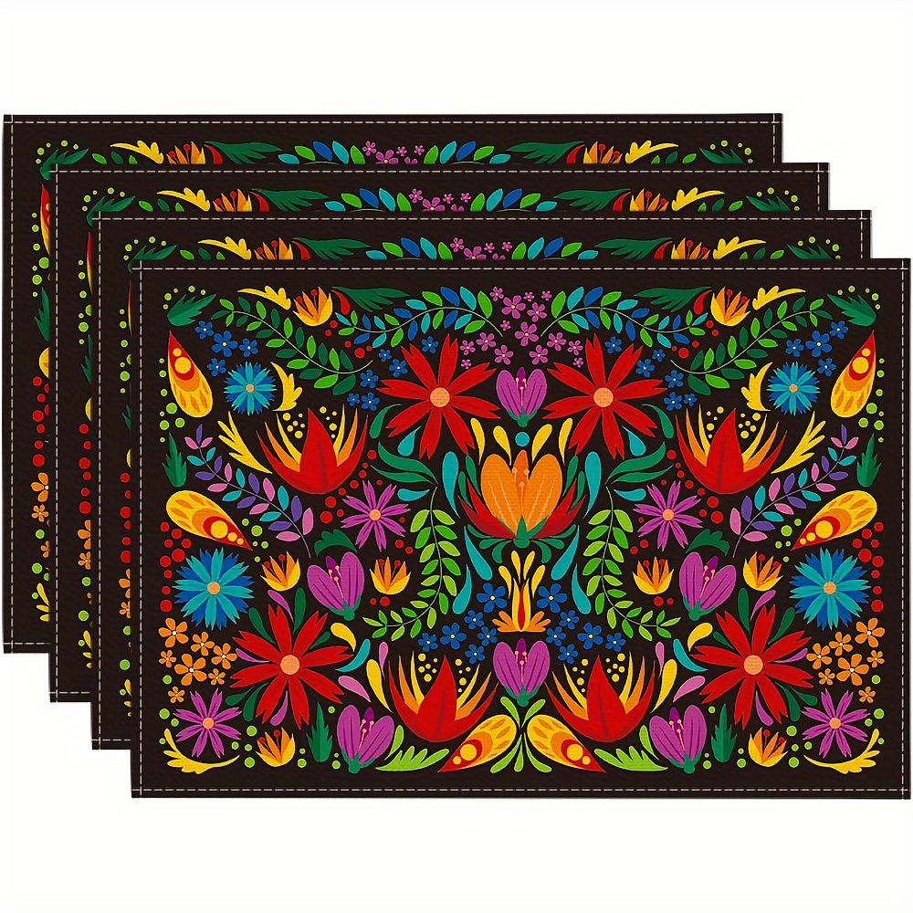 

Set Of 4 Polyester Placemats - 12x18 Woven Rectangle Table Mats For Dining, Hand Wash, Mexican De & Dia De Los Muertos Decor