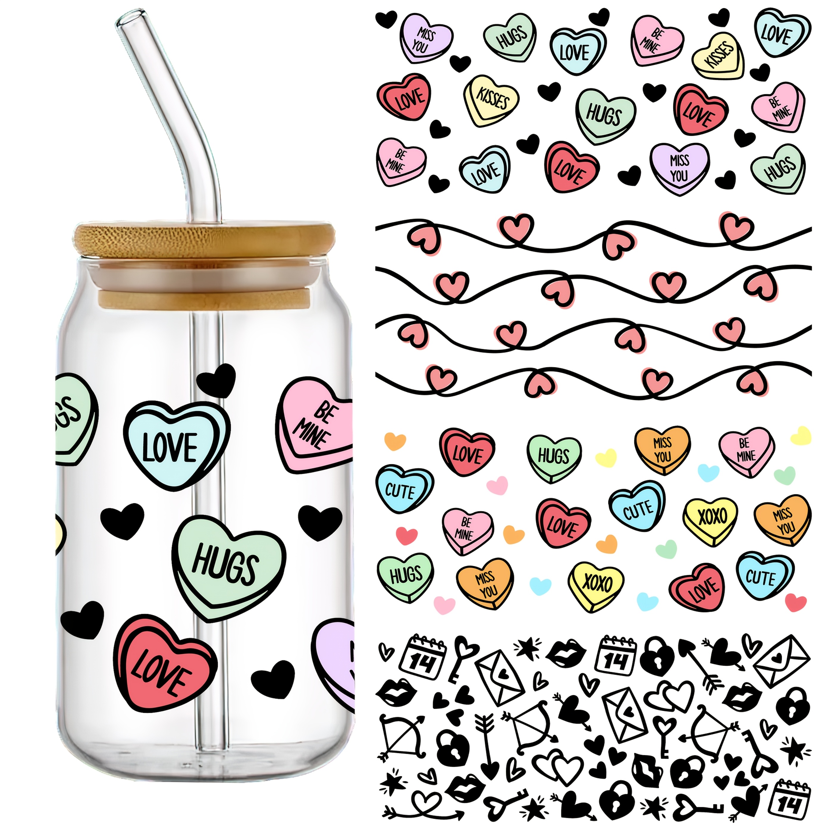 

4-pack Nnmm Valentine's Day Uv Dtf Self-adhesive Plastic Cup Wraps, Waterproof -resistant 3d Decals For Glass Jars And Bottles,