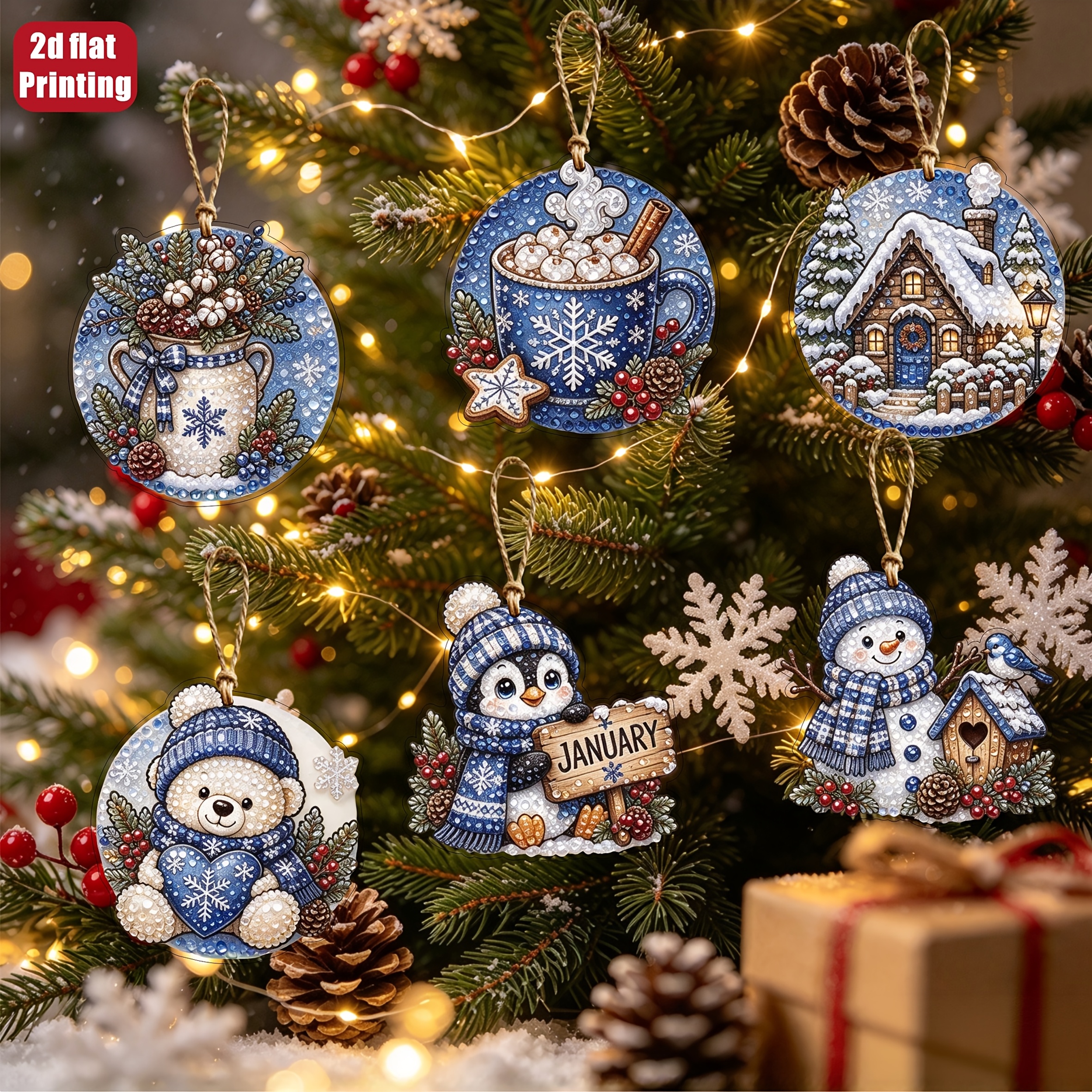 TEMU 8pcs Set 2d Flat Christmas Ice And Snow Themed Diy Pearl Diamond Painting Wooden Tag Pendant, 3.07 Inch Hd Printed, Complete Handmade Diamond