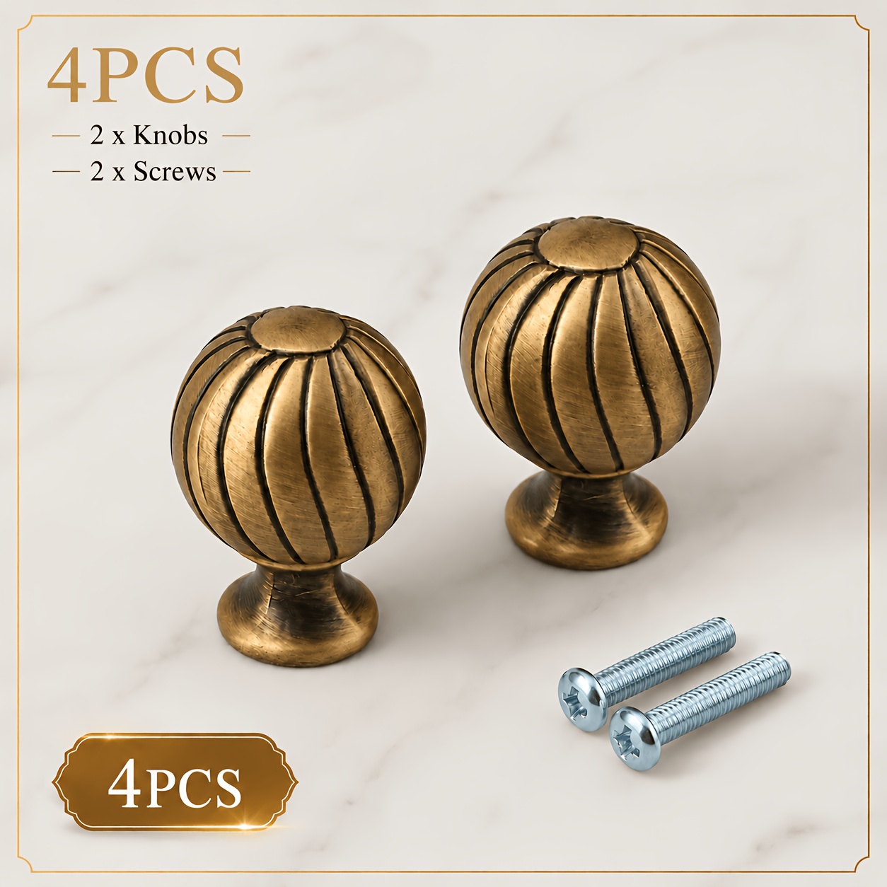 TEMU 4pcs Vintage Pumpkin Cabinet Knobs Set, 2 Decorative Drawer Knobs With 2pcs Mounting Screws, Antique Bronze Round Pull Handles For Kitchen