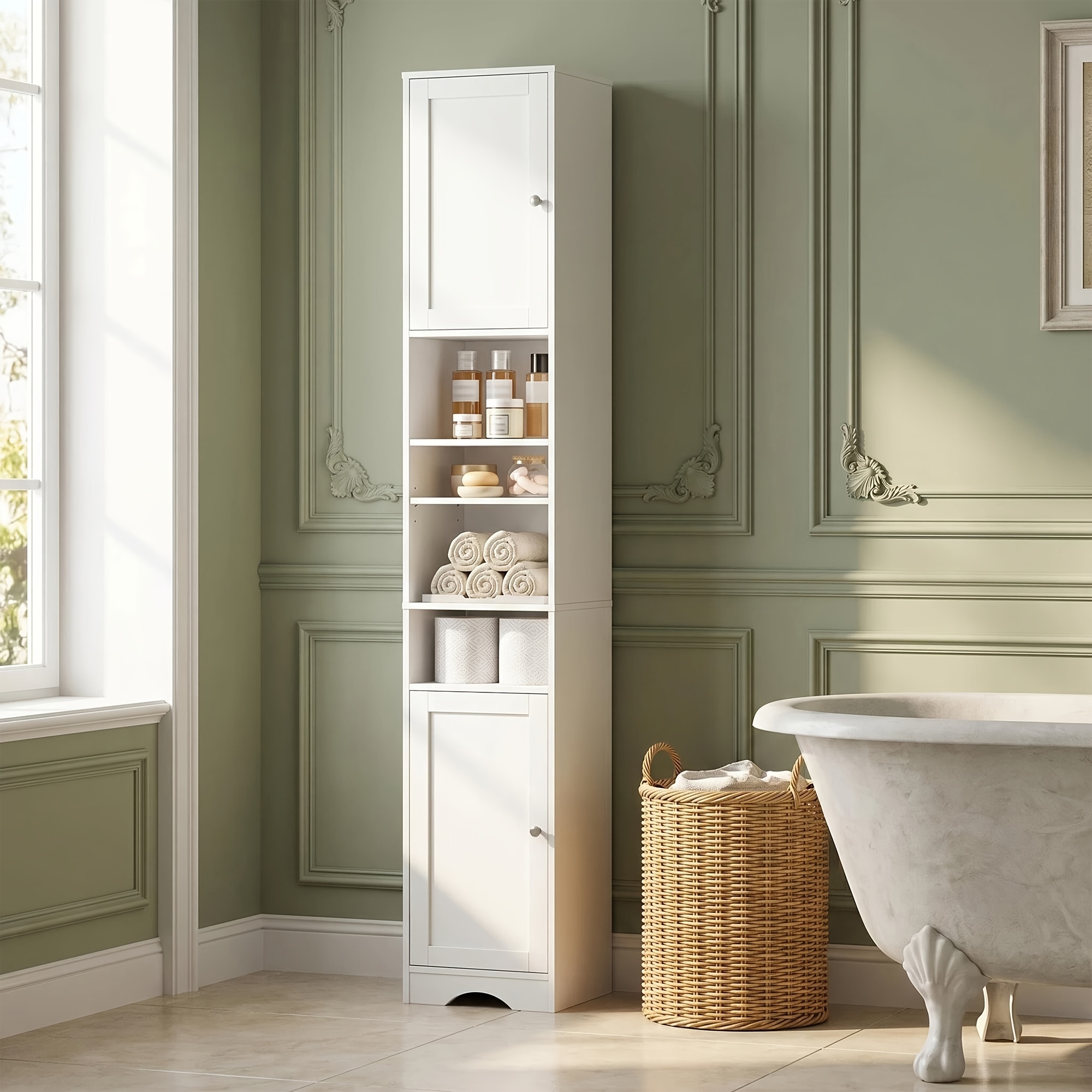 Image of Minimalist Matte White Tall Vertical Bathroom Storage Cabinet, Corner Bathroom Cabinet, + Open Shelves, Adjustable Shelves, Non-slip And Stable, Multi-scene Item, 31×31×181cm