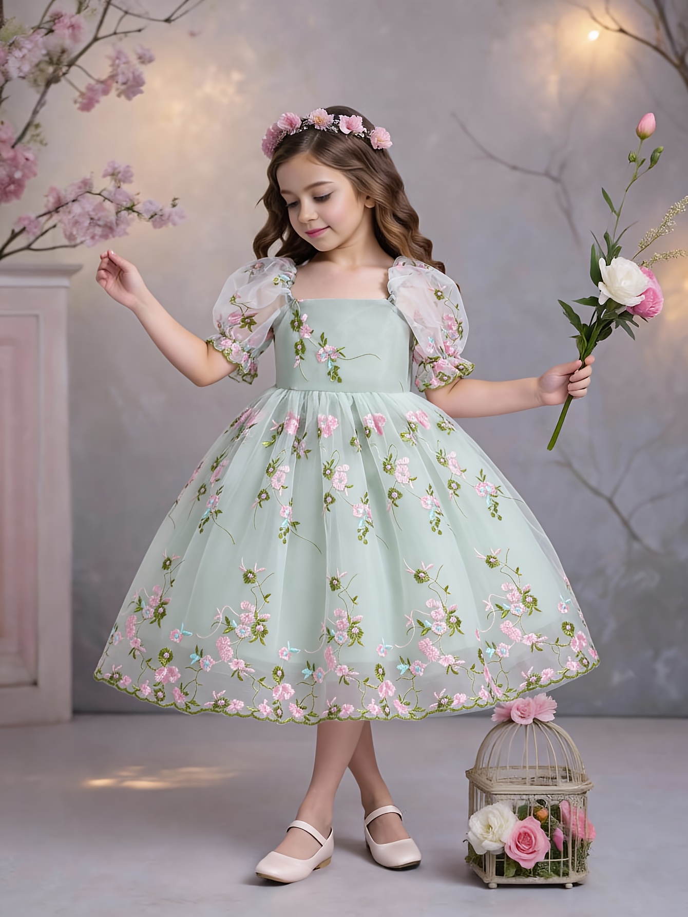 open lace back dress Girls' Orange Satin Princess Tea Length Dress with Ruffle Puff Sleeves | Orange / 5-6 Years (130cm) main image 1