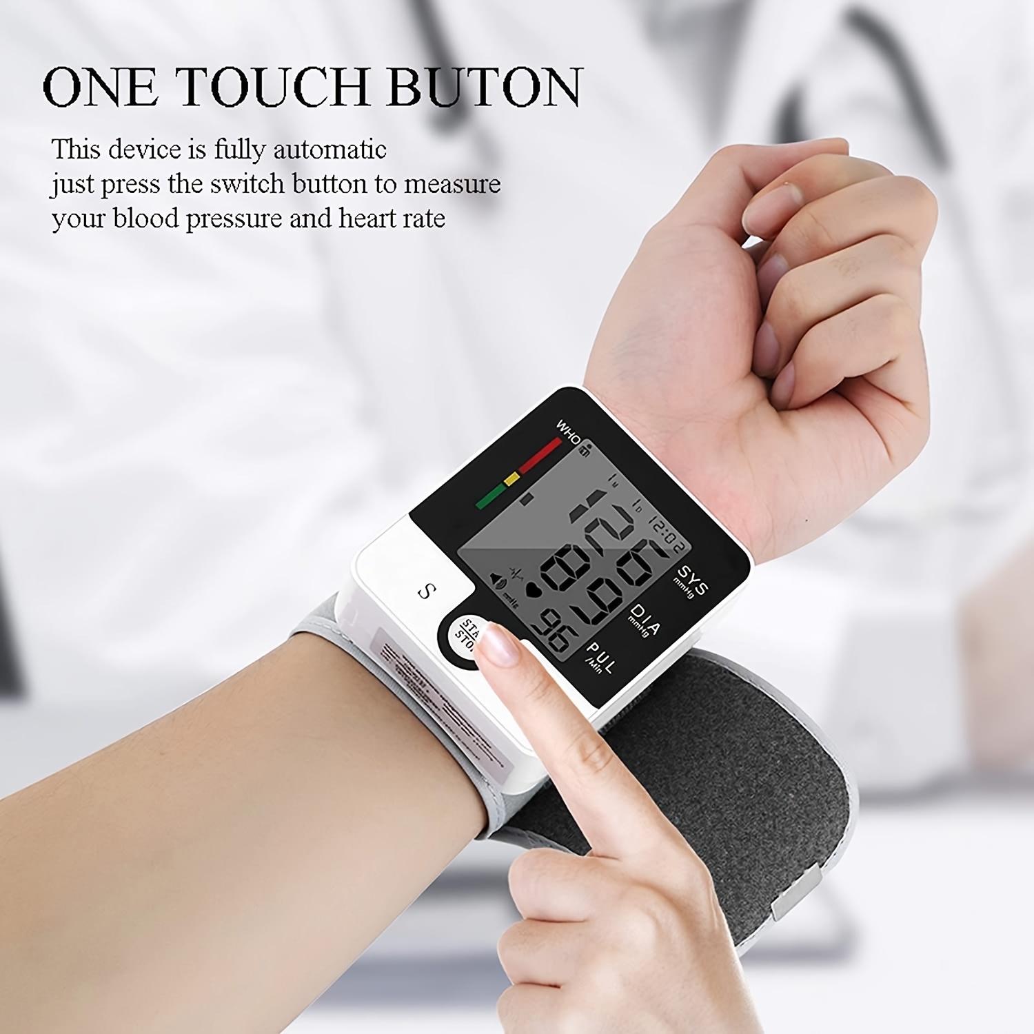 automatic wrist   with large lcd display battery operated adjustable cuff for home use digital   for adults white   measures   diastolic pressures   device sleek wristband design clear   Product details 0