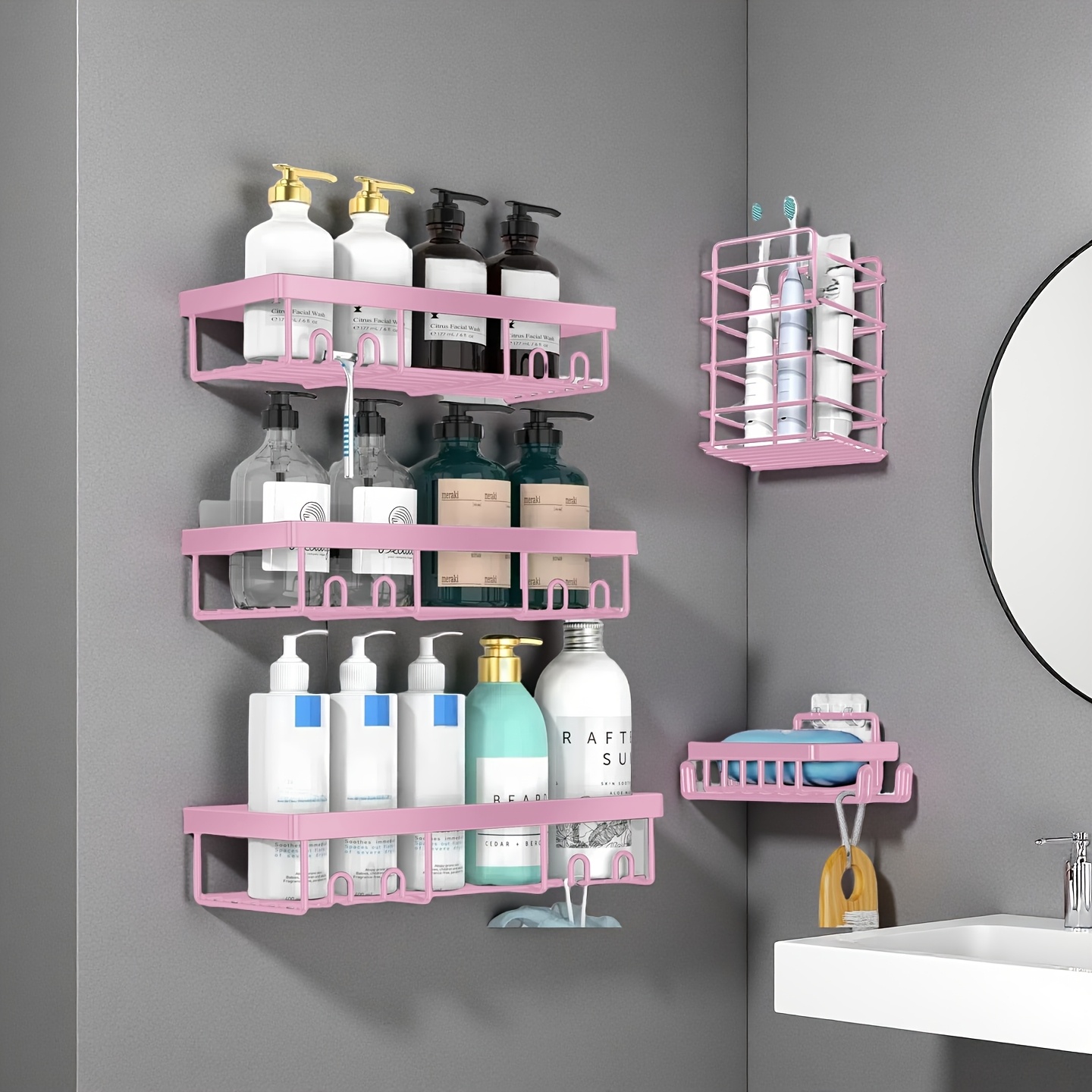 TEMU 5 Pack Self Adhesive Shower Caddy Shelf - No Drill Wall-mounted Bathroom Organizer With Stainless Frame & Painted Shelves, Space-saving Suitable