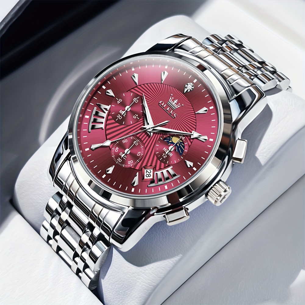 Image of Olevs Chronograph Watches For Men, Fashion Dress Quartz Stainless Steel Moon Phase Luminous Date Luxury Men's Wrist Watches, Gift, Red/blue/