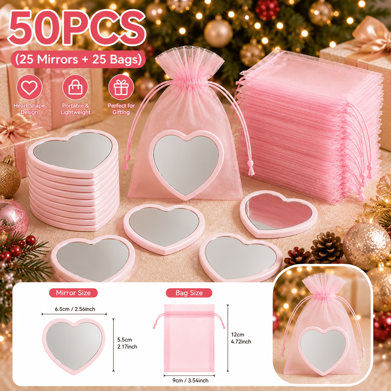 TEMU Ensemble cadeau de miroirs de voyage portables de cœur, 50 pièces (25 miroirs et 25 pochettes), cadeau de demoiselle d' pour mariage, cadeaux de