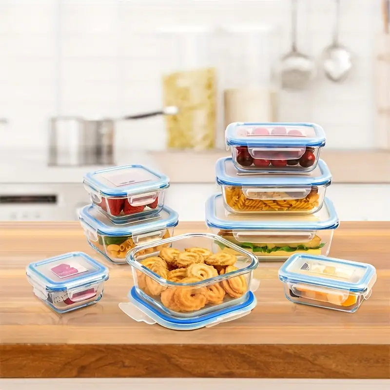 8pcs glass food storage container meal preparation sealed bento box with leak proof locking lid used for microwave ovens ovens freezers and dishwashers bpa free Product details 1