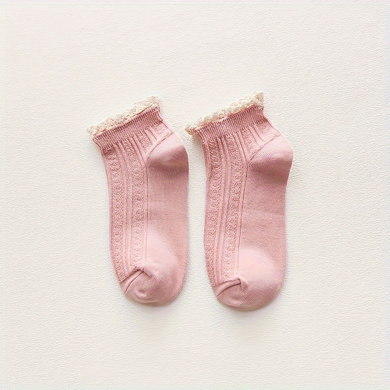 1 Pair Teen ' Comfortable Lace-trimmed Ankle Socks | And Elastane, Machine Washable, Solid Color, , For Teenager