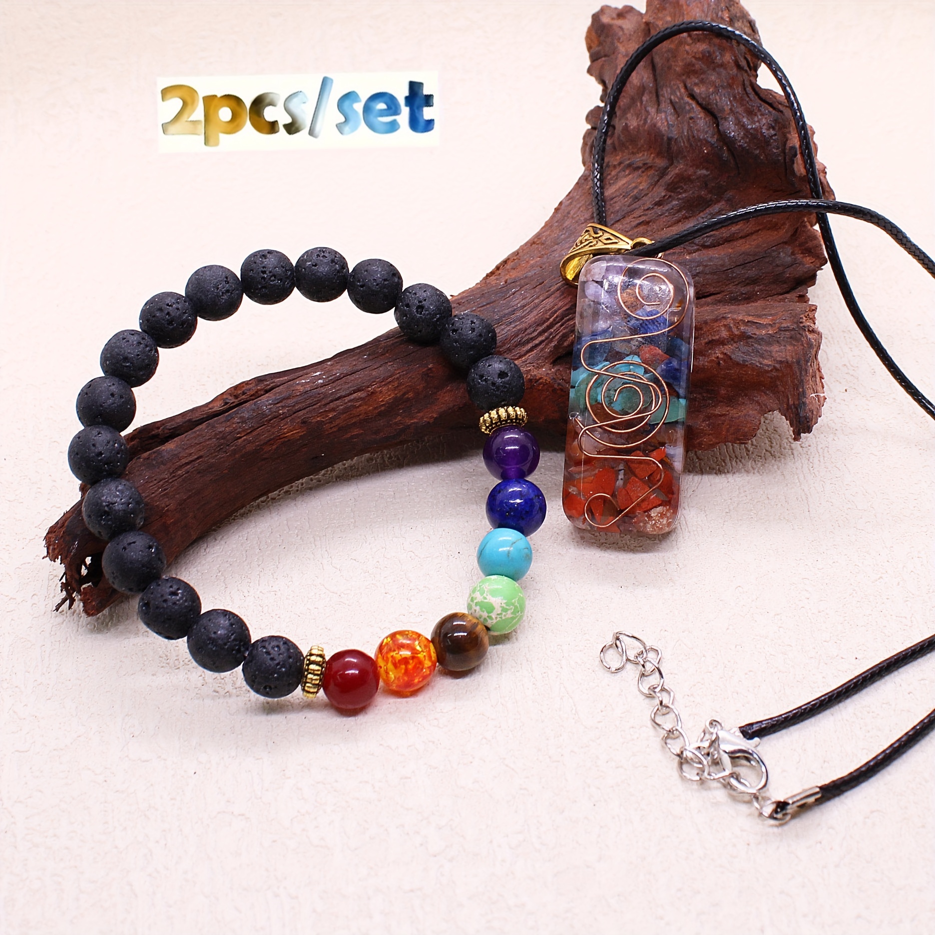 Image of 2pcs Vibrant Crystal & Gemstone Jewelry Set - Colorful Symbol Pendant Necklace With Black Cord & Multicolor Bead Bracelet - Suitable For Daily Wear And Couple Accessories