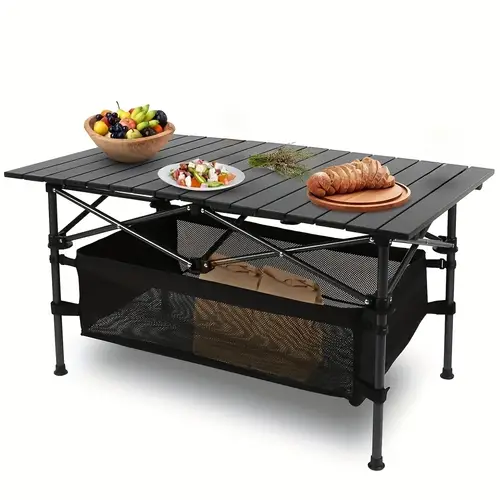 portable folding camping table with carrying bag lightweight aluminum heavy duty outdoor picnic bbq desk for beach backyard patio and parties black detachable easy to assemble