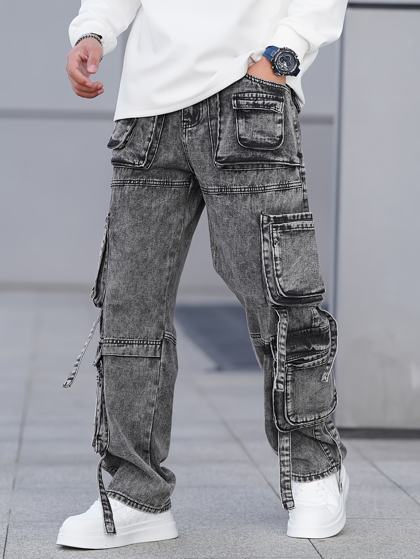 *'S Heavy-Duty Cargo Denim Non-Stretch Work Pants with Multiple Utility  Pockets, Loose Fit Wide-Leg Denim for Construction, Streetwear,