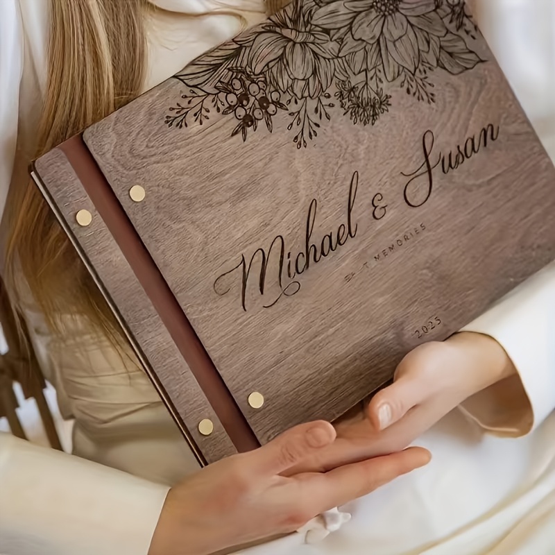 TEMU Laser-engraved Wooden Wedding Guest Book & Photo Album - Name/date/message, Artificial Keepsake Book Suitable For Weddings, Parties, Photo