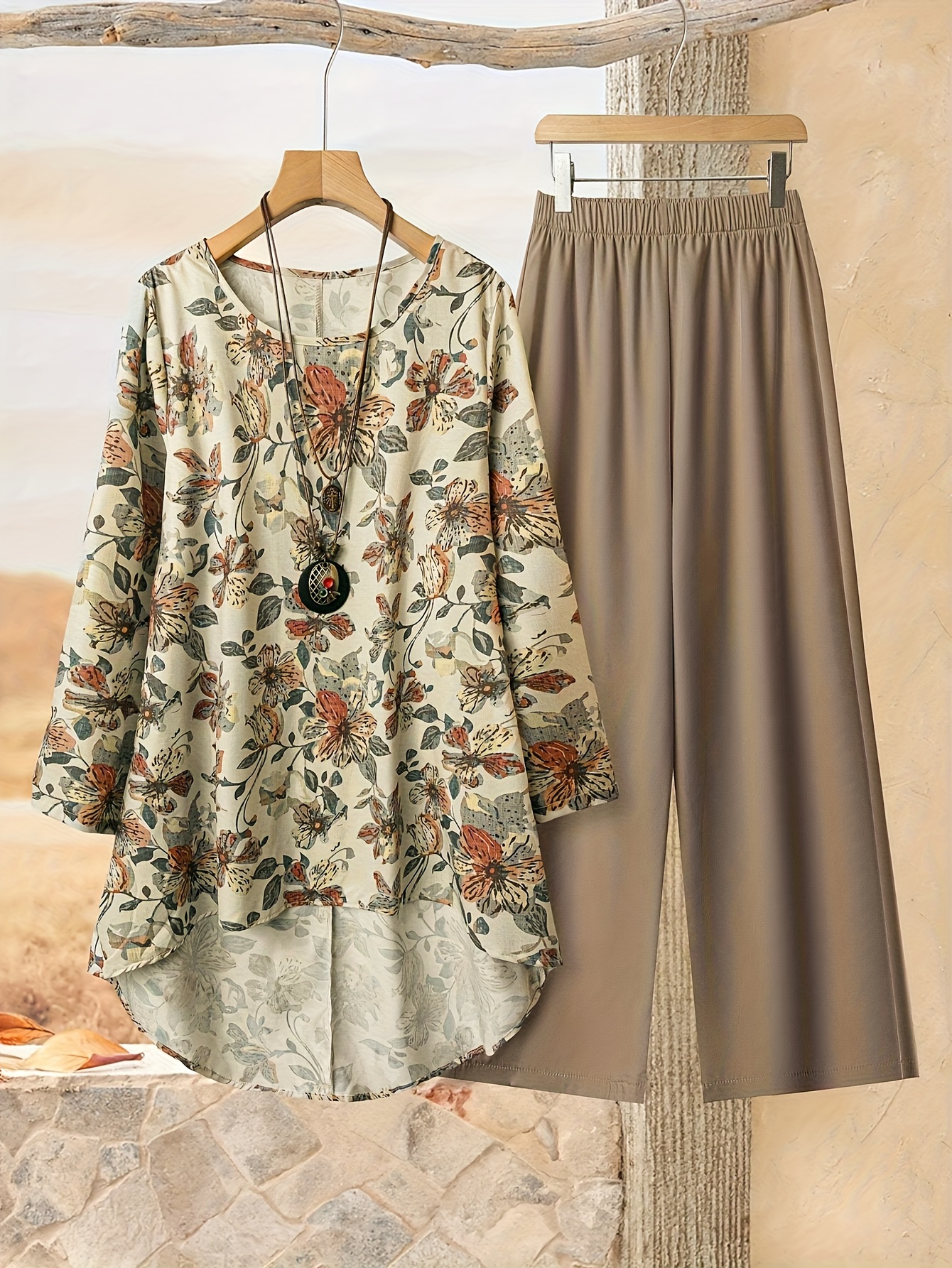 autumn printed top and elastic waist pants casual outing vacation womens set