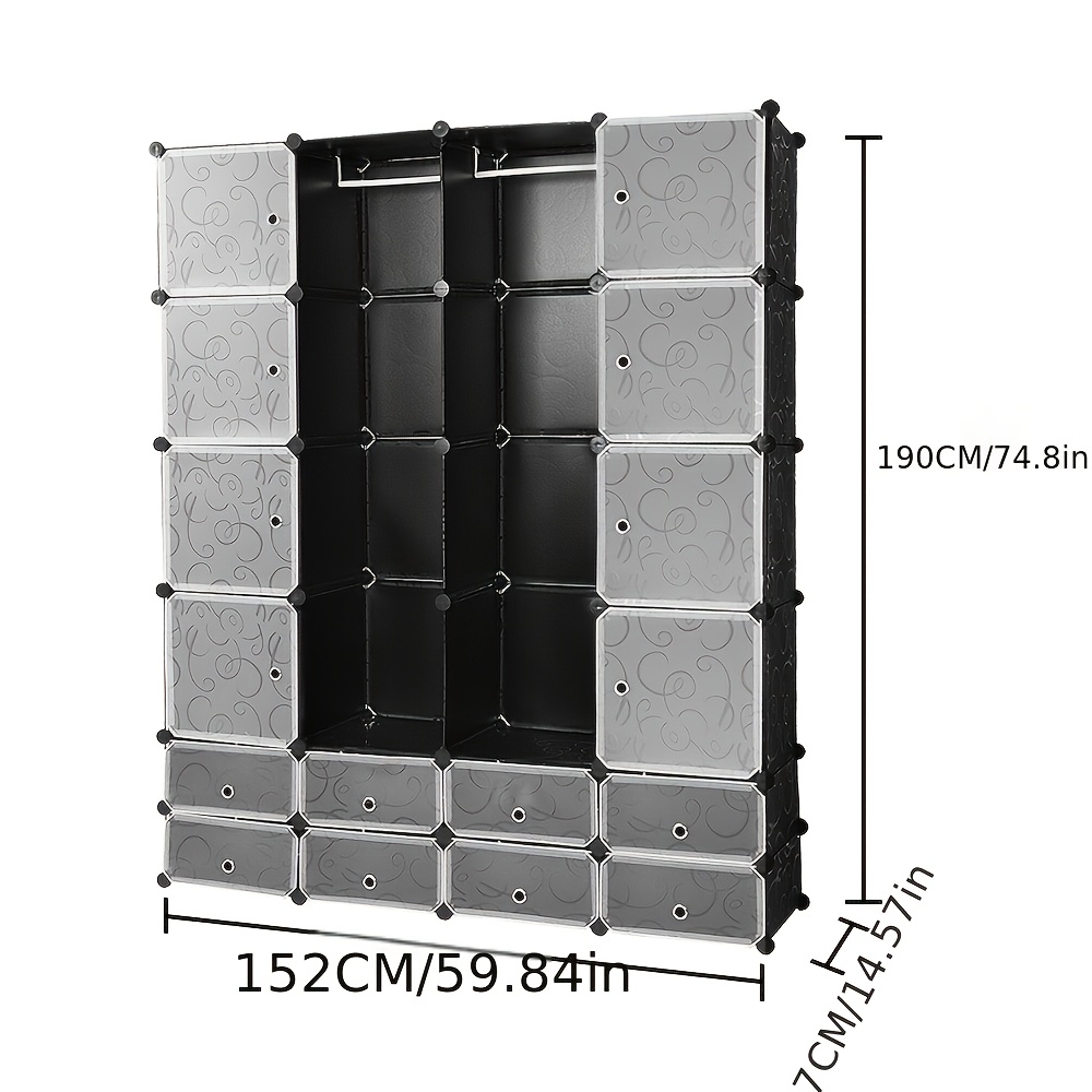 Closet Plug-in Shelf Storage Storage Shelf Bookshelf Shelving System With Hammer Pp Plastic With 2 Clothes Rail Plug-in Shelving Shelf, Black-16 Cubes/white 20 Cubes, Portable Closets