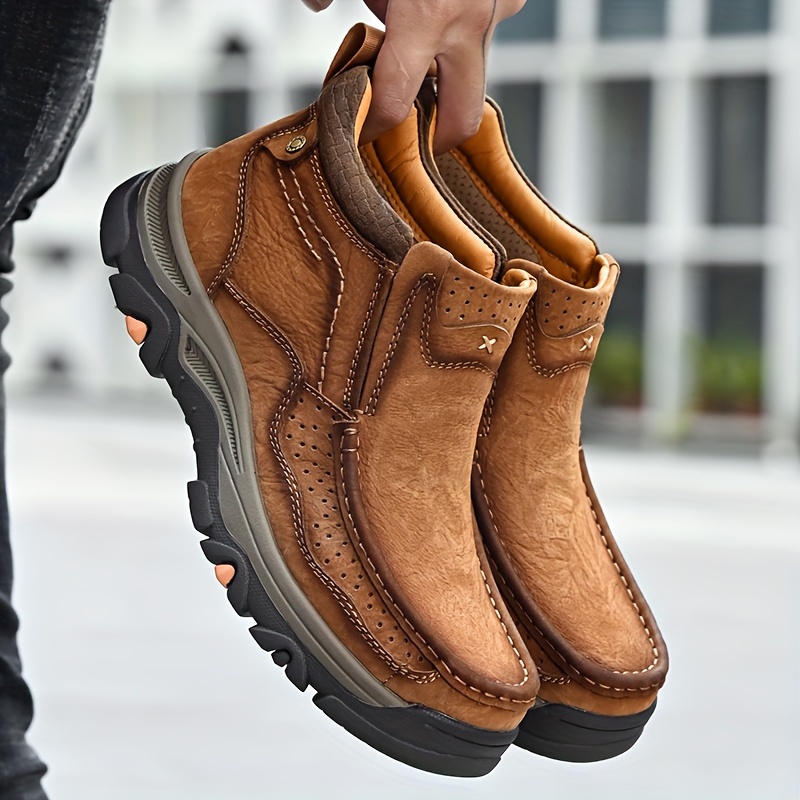 Herr höga läderloafers klassiska slip on vardagsskor för utomhusvandring vardagskläder bekväma äkta läderovandel med halkfri gummisula vardagsskor slipon loafers slitstarka gummisuladetaljer 1