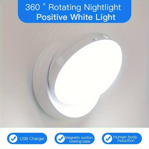 1pc motion sensor night rotating led night light cabinet light portable rechargeable night lamp indoor use in bedroom hallway kitchen closet wardrobe cupboard