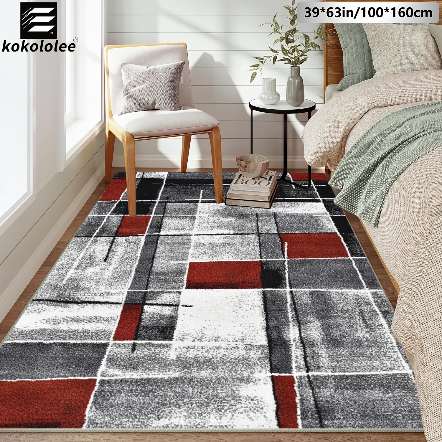 TEMU 1pc Kokololee Luxury Velvet Area Carpet | Red Geometric Pattern, Non-slip Backing, Machine Washable, 100% Polyester Fiber, Suitable For Areas